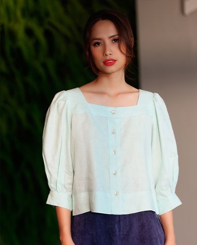 Áo kiểu linen áo croptop tay phồng cổ vuông áo kiểu nữ dễ thương xanh pastel | Thời trang thiết kế Hity