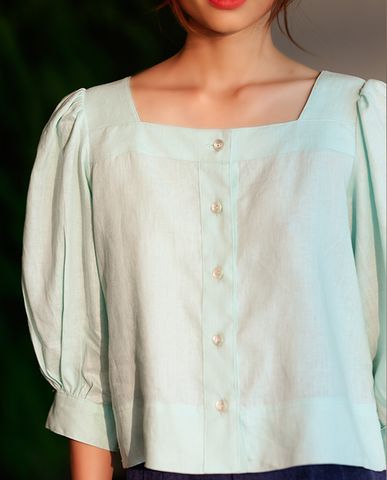 Áo kiểu linen áo croptop tay phồng cổ vuông áo kiểu nữ dễ thương xanh pastel | Thời trang thiết kế Hity