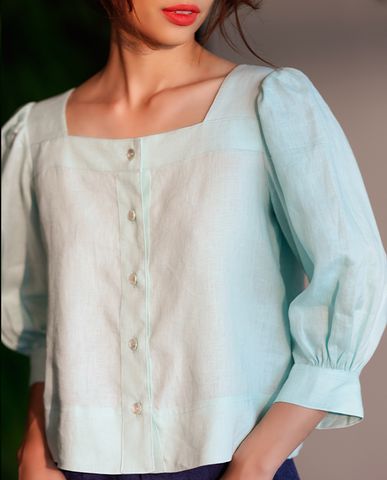 Áo kiểu linen áo croptop tay phồng cổ vuông áo kiểu nữ dễ thương xanh pastel | Thời trang thiết kế Hity