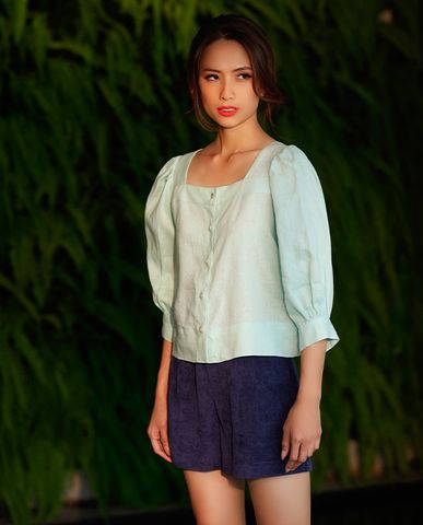 Áo kiểu linen áo croptop tay phồng cổ vuông áo kiểu nữ dễ thương xanh pastel | Thời trang thiết kế Hity