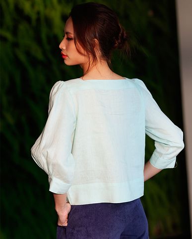 Áo kiểu linen áo croptop tay phồng cổ vuông áo kiểu nữ dễ thương xanh pastel | Thời trang thiết kế Hity