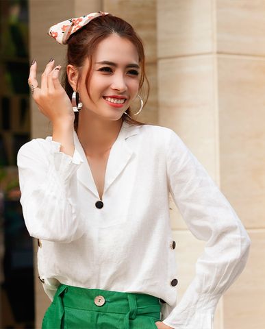 Áo sơ mi cổ ve linen áo kiểu công sở thanh lịch vải lanh trắng cao cấp | Thời trang thiết kế Hity