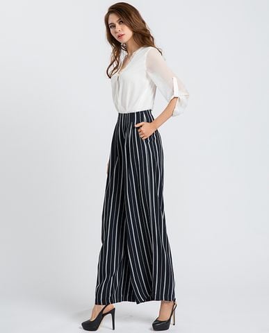 Quần ống rộng quần lưng cao quần tây sọc nữ quần thiết kế cao cấp | Thời trang thiết kế Hity
