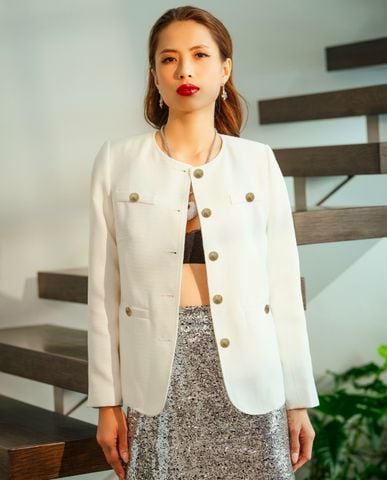 Áo khoác Blazer tweed trắng áo jacket không cổ cao cấp áo vest nữ hàng hiệu | Thời trang thiết kế Hity