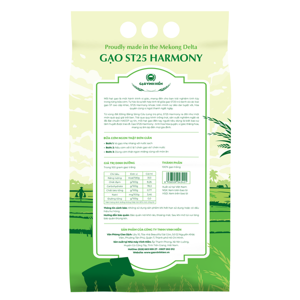  Gạo ST25 Harmony Vinh Hiển 5KG - Vị ngon hòa quyện - Đạt chuẩn HACCP, VietGAP 