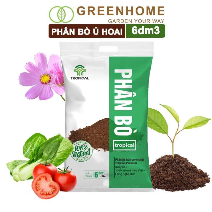 Phân bò ủ hoai cao cấp tropical Greenhome, bao 6dm3, đã qua xử lý, không mùi hôi, hữu cơ tiện lợi, bón rau, hoa, kiểng