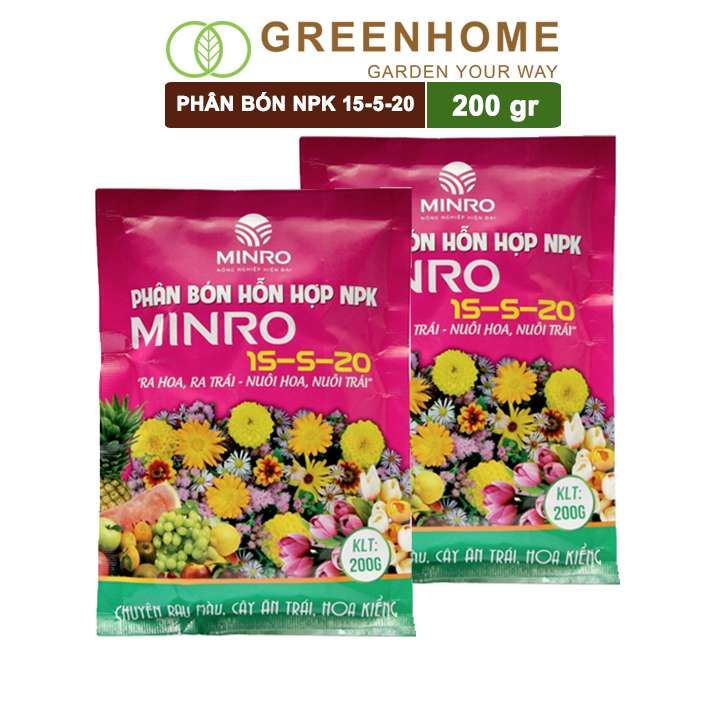 Phân NPK 15-5-20 Minro, bao 200gr, phân bón kích ra hoa, đậu trái, nuôi hoa, nuôi trái |Greenhome