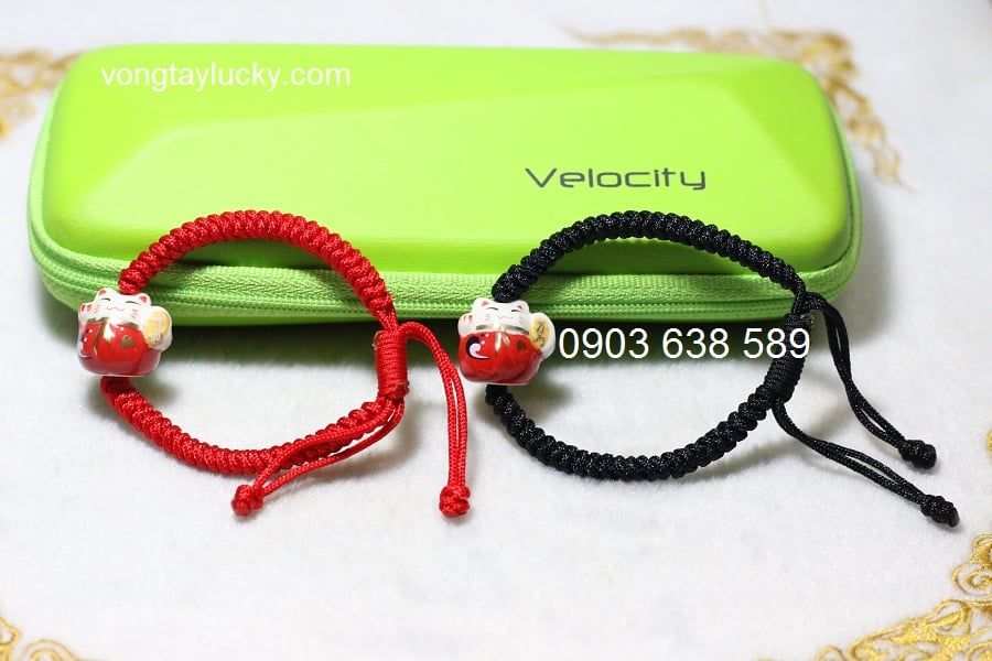 Vòng tay mèo Đại Phúc Maneki Neko LMSL006 đỏ đen dây rút tròn cặp đôi