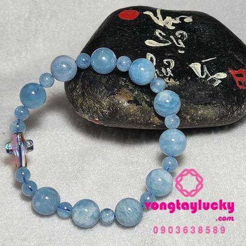 chuỗi mân côi đá aquamarine, vòng tay công giáo, vòng tay mệnh thủy, chuỗi mân côi xanh biển