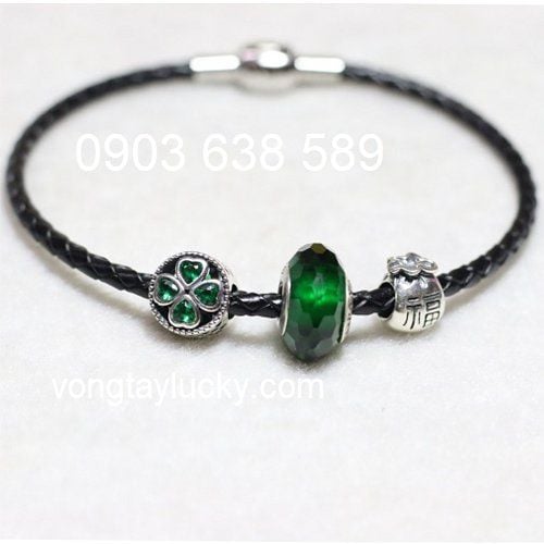 Vòng tay tài lộc bạc Thái 925 dây da 3 li đen mix charm bạc Thái khóa kiểu Pandora độc đáo: