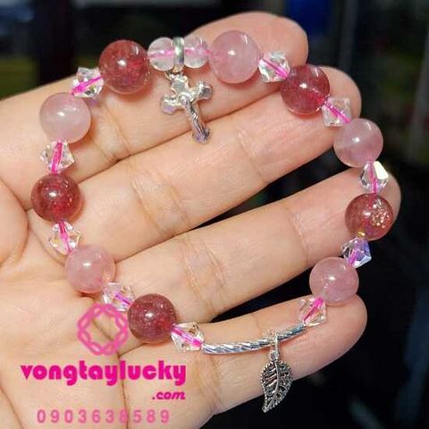 chuỗi mân côi thach anh dâu, chuỗi mân côi mệnh hỏa, chuỗi mân côi đá thạch anh hồng, chuỗi mân côi mệnh thổ, chuỗi mân côi thiết kế, vòng tay thiết kế