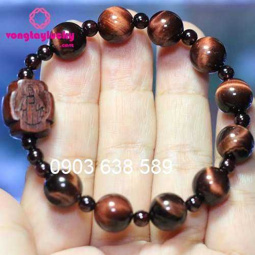 Chuỗi mân côi đá mắt hổ nâu đỏ 10 li xen đá garnet đỏ 4li đẹp tự nhiên mix thánh giá gỗ 2 mặt