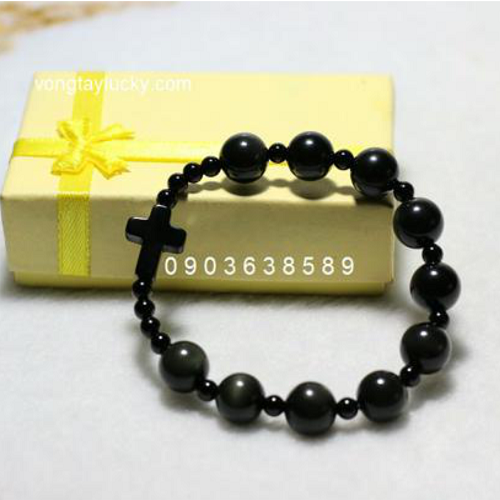 Chuỗi hạt mân côi  10li đá núi lửa đen tự nhiên Obsidian 100%mix thánh giá đá mã não đen cho mệnh mộc, mệnh thủy