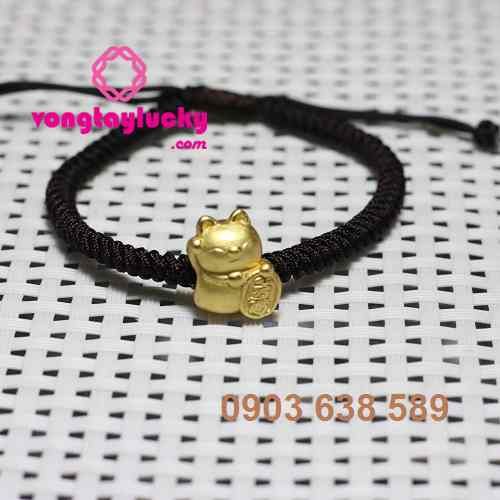 Vòng tay mèo Nhật bản  Maneki Neko vẫy tay bạc thật xi vàng xỏ dây may mắn