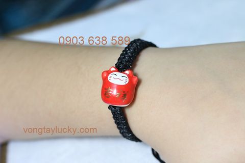  Vòng tay mèo may mắn Maneki Neko đỏ MS0021 chỉ sáp đen 