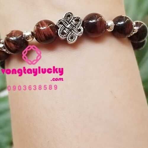 Vòng tay đá mắt hổ nâu đỏ 8li đẹp phối charm bạc Thái cát tường