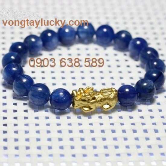 Vòng tay đá thiên nhiên Sapphire nước (Kyanite) hạt tròn 8,5 li thật đẹp 100% thiên nhiên mix tỳ hưu bạc thật xi vàng sức khỏe - tài lộc cho mệnh thủy, mộc: