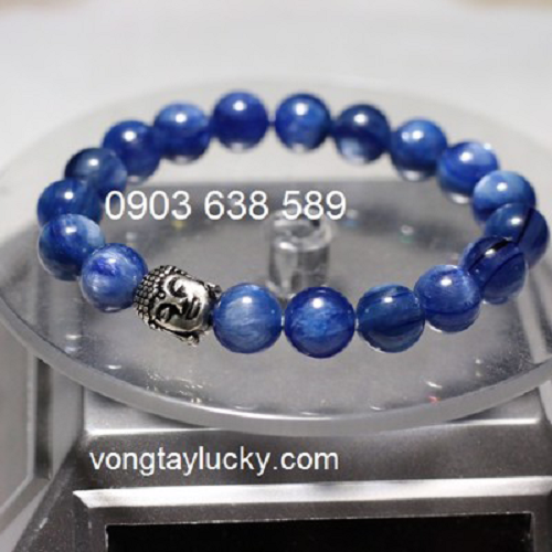 Vòng tay đá 8,5 li Sapphire nước (Kyanite) thiên nhiên hạt tròn Mix đầu Phật Thích ca bạc thật 925 thật đẹp: