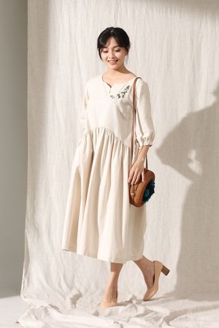  Đầm Nữ Linen Thêu Hoa 