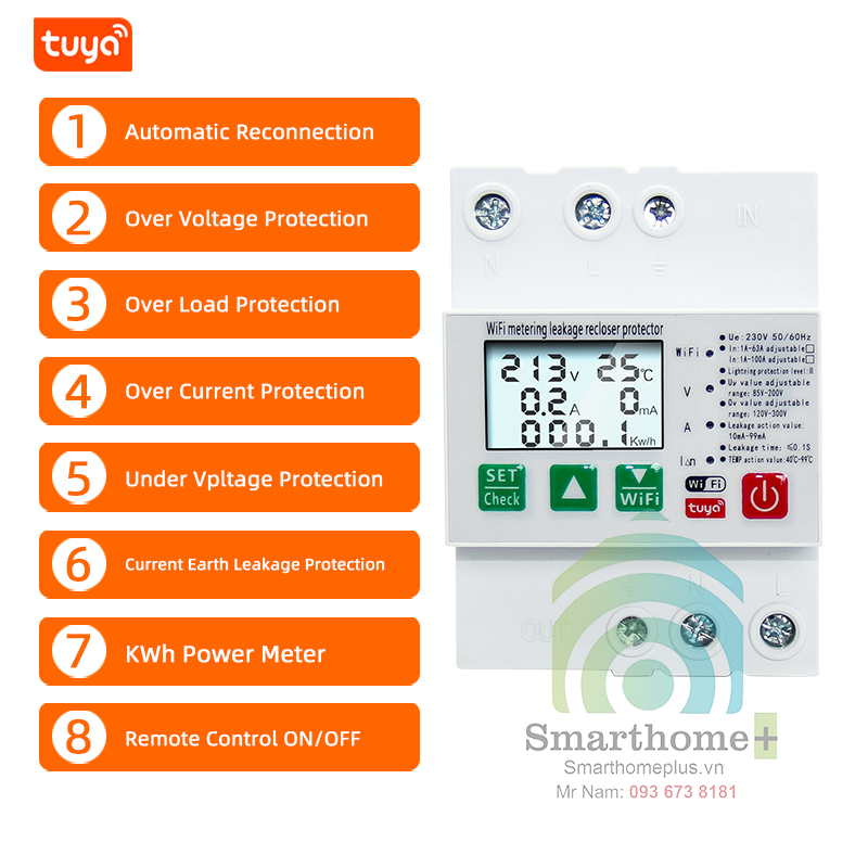 Đồng Hồ Bảo Vệ Rò Rỉ Điện Chống Sét Cảnh Báo Dòng Điện Đo Công Suất WiFi Tuya SHP-EM6