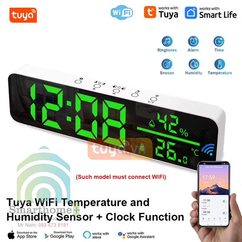 Màn Hình Nhiệt Ẩm Kế Đồng Hồ Báo Thức Thông Minh Wifi Tuya TTH9