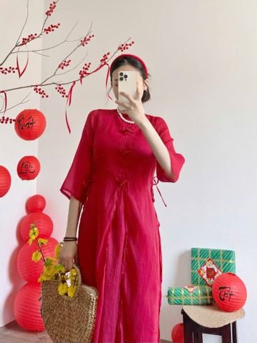  Áo Dài Tơ Voan Cúc Tàu 