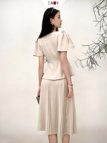 Xian Set - Áo gấm xốp cách điệu cổ áo bẻ & chân váy ren midi xòe