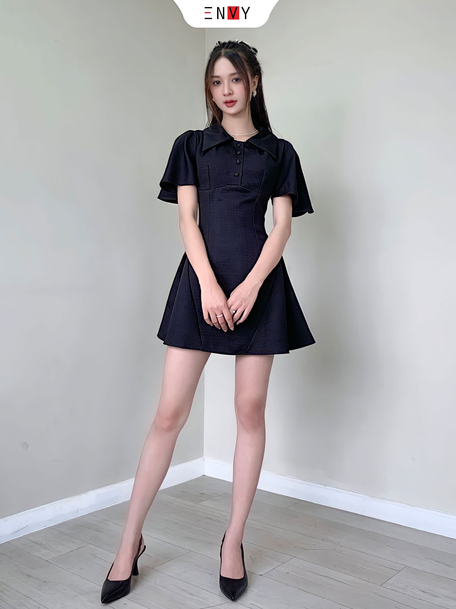 Đầm suông cổ vuông tay cánh tiên phối chân váy voan hoa màu đen  Sỉ quần  áo giá rẻ