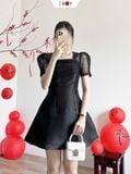  Đầm Cổ Vuông Phối Lưới 