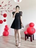  Đầm Cổ Vuông Phối Lưới 