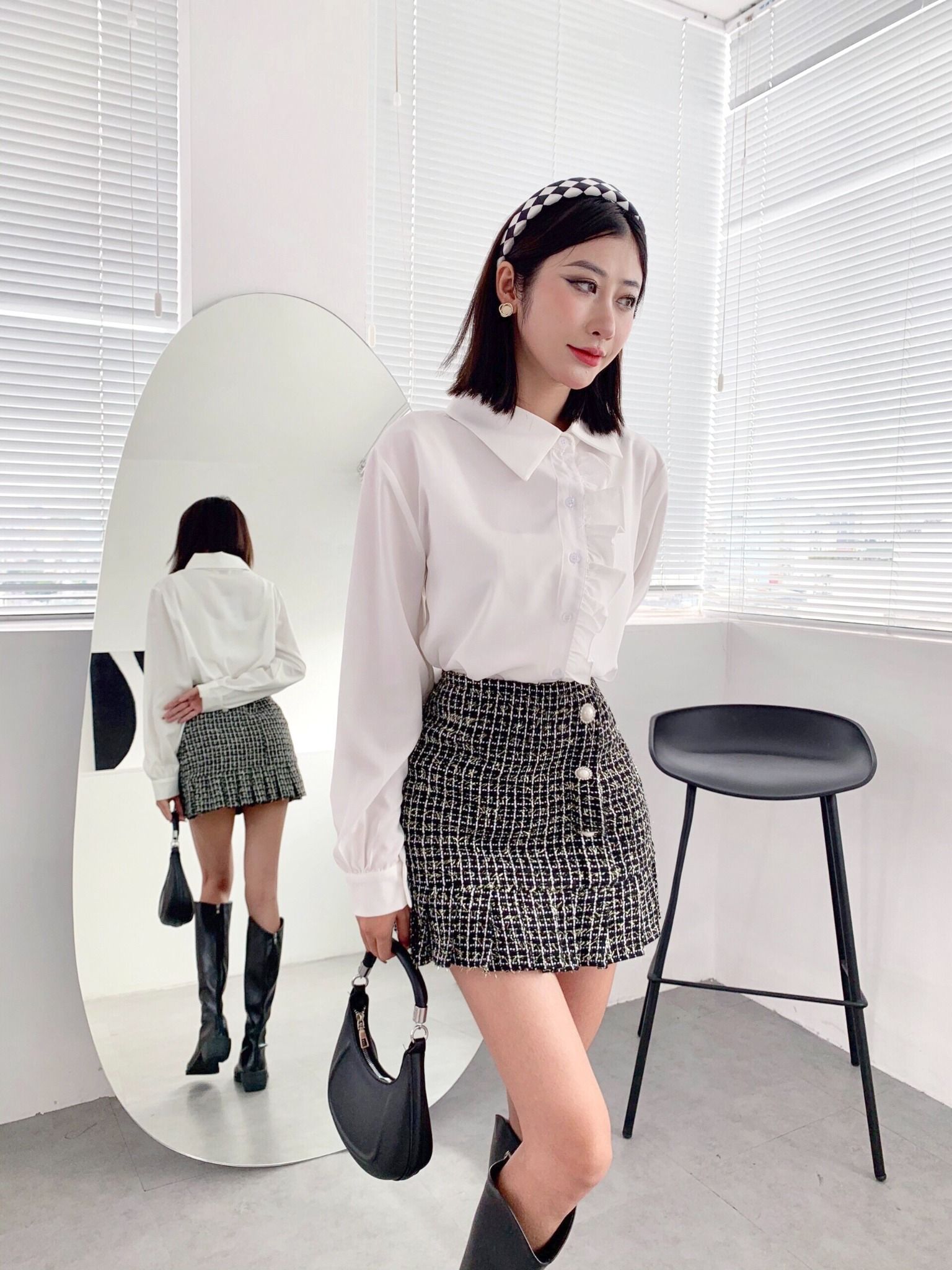 Chân Váy Nỉ Đen Caro Nhỏ Lai Bầu XIPI #30 Chân Váy Nỉ Đen Caro Nhỏ Lai Bầu XIPI