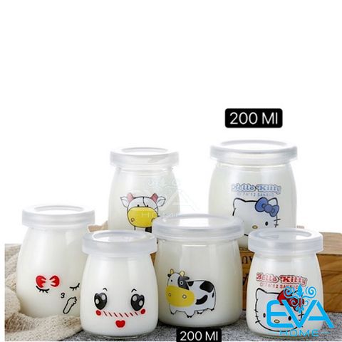  Bộ 6 Hũ Thuỷ Tinh Đựng sữa chua khổng Lồ In Hình Cute 200 Ml 