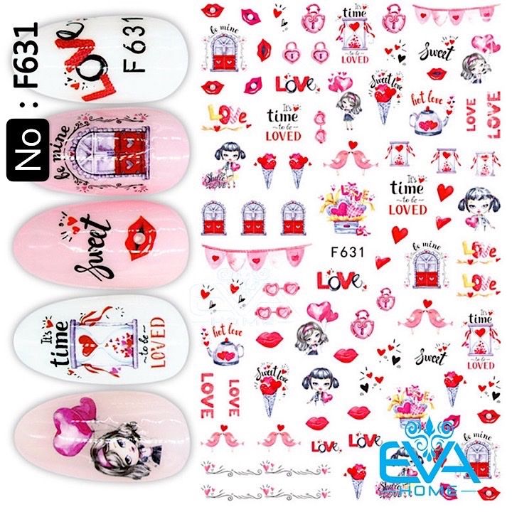 Miếng Dán Móng Tay 3D Nail Sticker Tráng Trí Hoạ Tiết Chủ Đề Tình Yêu Time Love F631