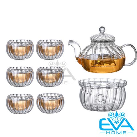  Bộ Ấm 6 Chén 2 Lớp Kèm Đế Đốt Nến Sọc Stripe Thuỷ Tinh Borosilicate Chiu Nhiệt Teapot Set BTHS1 