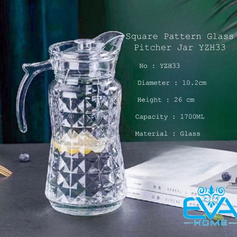  Bình Thuỷ Tinh Đựng Nước 1.7L Quai Cầm Miệng Rót Hoa Văn Vuông YZH33 Square Pattern Glass Pitcher Jar 1700ML 