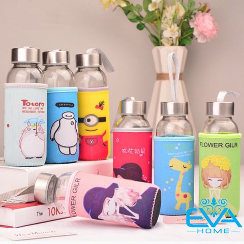  Bình Đựng Nước Thuỷ Tinh Nắp Có Dây Xách 300 Ml Kèm Vỏ Bọc Vải Neoprene Giữ Nhiệt Hoạ Tiết Cute M3509 