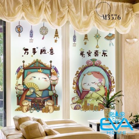  Decal Dán Tường Dán Kính Trang Trí Tết Hoạ Tiết Mèo Thần Tài Với Chữ vạn Sự Hưng Long - Bình An Hỷ Lạc M3576 