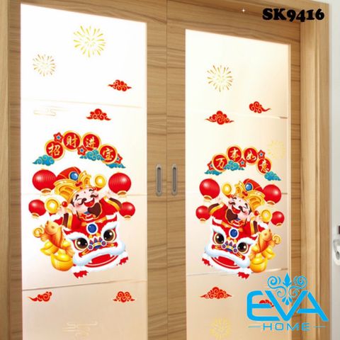  Decal Dán Tường Dán Kính Trang Trí Tết Hoạ Tiết Thân Tài Và Lân Sư Chiêu Tài Đón Tết SK9416 M3600 