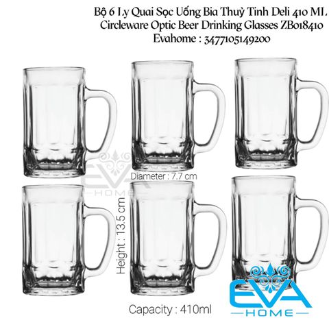  Bộ 6 Ly Quai Sọc Uống Bia Thuỷ Tinh Deli 410 ML Circleware Optic Beer Drinking Glasses 16.4 OZ ZB018410 