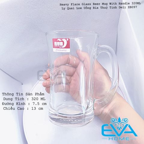  Bộ 6 Ly Quai Loe Uống Bia Thuỷ Tinh Deli ZB097 Heavy Flare Glass Beer Mug With Handle 320ML 