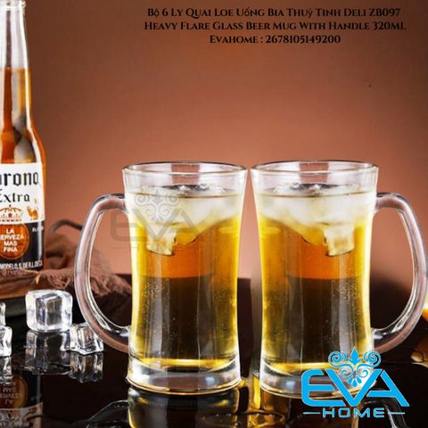  Bộ 6 Ly Quai Loe Uống Bia Thuỷ Tinh Deli ZB097 Heavy Flare Glass Beer Mug With Handle 320ML 