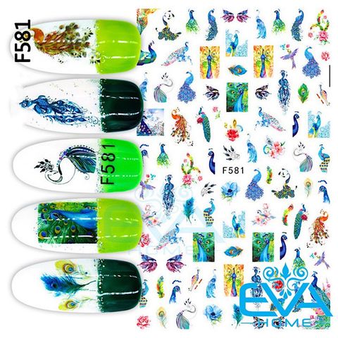  Miếng Dán Móng Tay 3D Nail Sticker Tráng Trí Hoạ Tiết Chim Công Peacock F581 