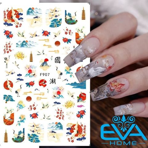  Sticker Dán Móng Tay 3D Dạng Decal Dán Chống Nước Hoạ Tiết Tiên Hạc INS Phong Cách Trung Hoa F907 