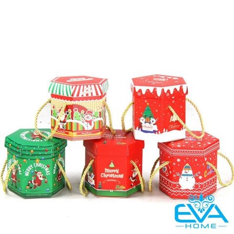  Set 10 Hộp Đựng Quà Noel In Hoạ Tiết Giáng Sinh Dáng Lục Giác Có Dây Xách Nhiều Mẫu M3526 