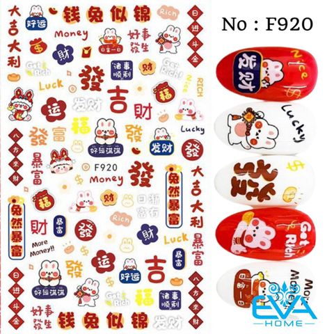  Miếng Dán Móng Tay 3D Nail Sticker Tráng Trí Tết Mừng Năm Mới 2023 Họa Tiết Thỏ Get Rich Phát Tài More Money Lucky F920 