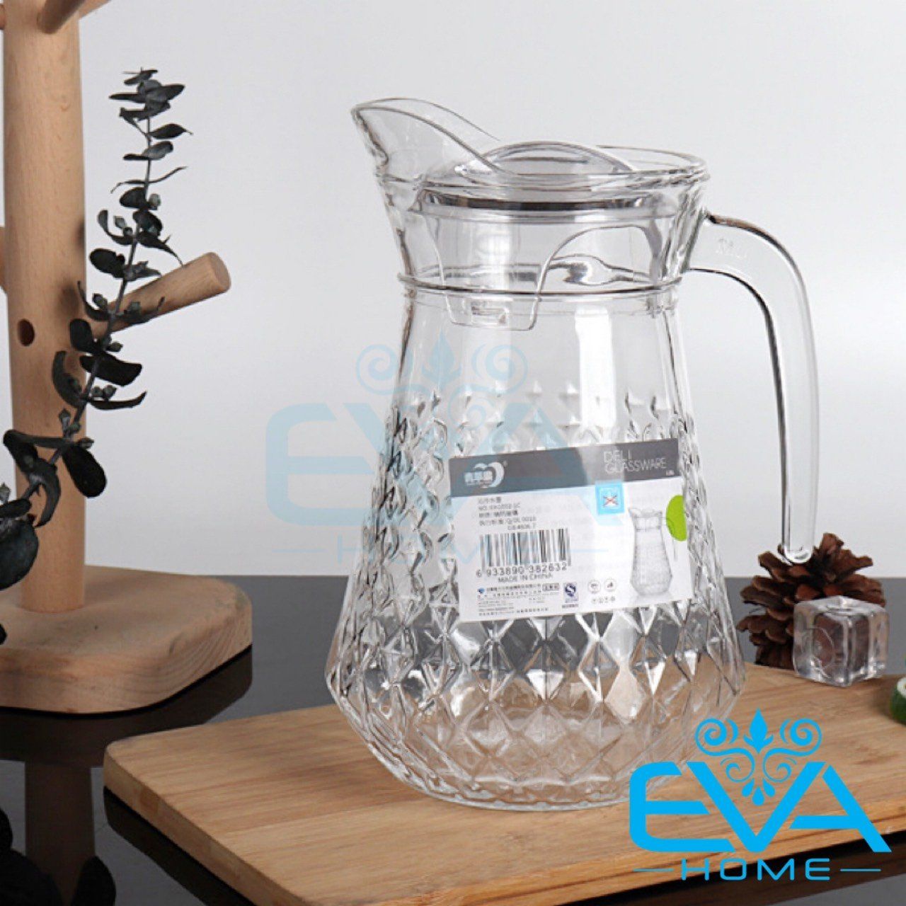 Bình Thuỷ Tinh Đựng Nước 1.6L Quai Cầm Miệng Rót Hoa Tiết Hinh Thoi EH1002-1C Rhombus Glass Jar 1580ML