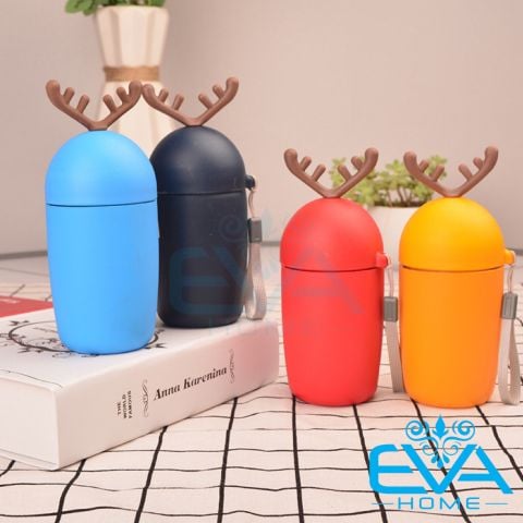  Bình Nước Thủy Tinh  Bọc Silicone Hình Hươu Deer Cute Kèm Dây Xách 300ml 