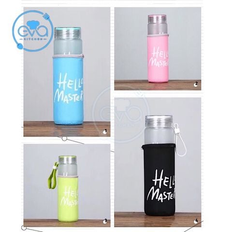  Bình Nước Thủy Tinh In Chữ  Hello Master 480ML có dây xách Kèm Võ Bọc Vải Neoprene 