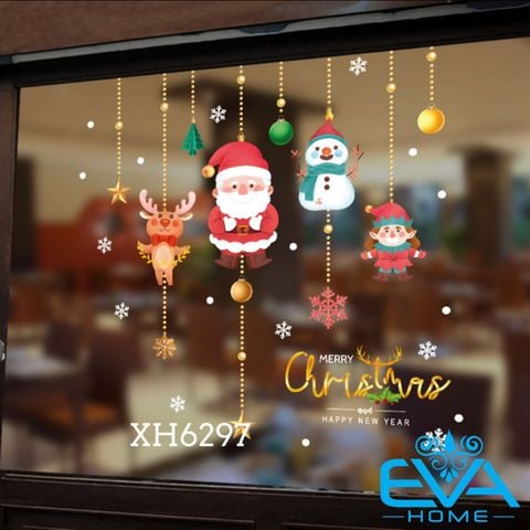  Decal Dán Tường Dán Kính Họa Tiết Dây Treo Ông Già Noel Người Tuyết Và Tuần Lộc Trang Trí Giáng Sinh XH6297 / Noel 