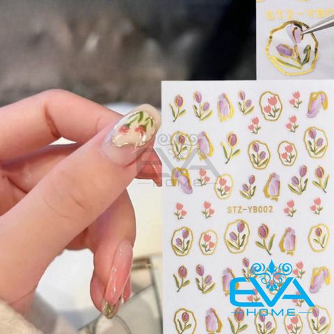  Decal Dán Móng Tay 3D Nail Sticker Chống Nước Tráng Trí Móng Hoạ Tiết Hoa Tulip Viền Vàng Sang Trọng STZ YB002 
